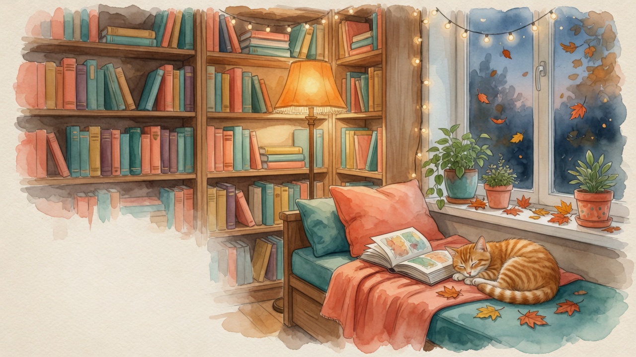 A cozy reading nook with books, a lamp, and a sleeping cat